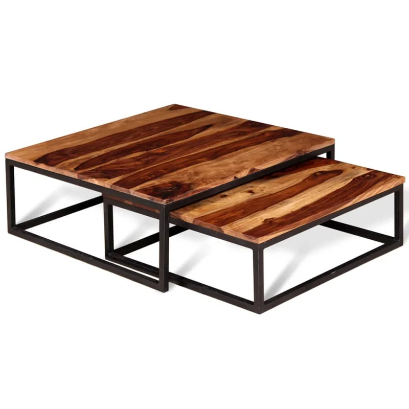 Lot de 2 table basse gigogne en bois massif brun DEC031252