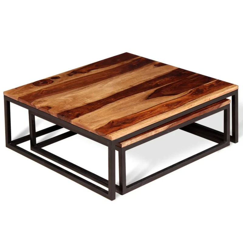 Lot de 2 table basse gigogne en bois massif brun DEC031252