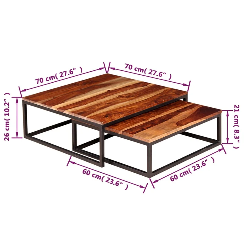 Lot de 2 table basse gigogne en bois massif brun DEC031252