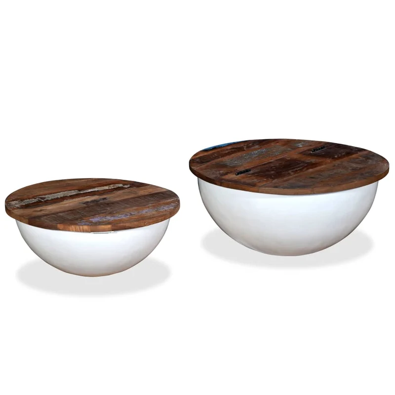 Lot de 2 table basse en bois récupération et acier en forme de bol avec compartiment de rangement DEC031242