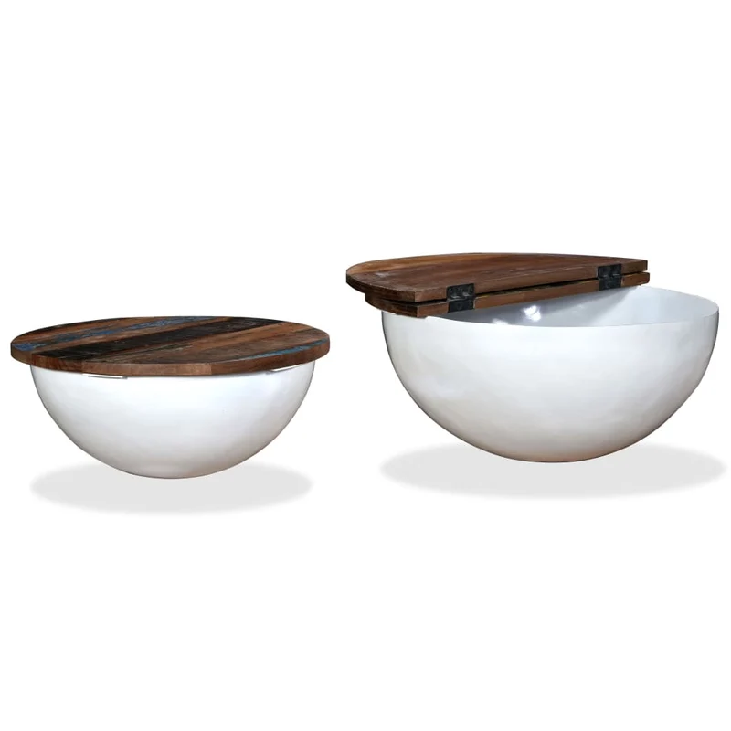 Lot de 2 table basse en bois récupération et acier en forme de bol avec compartiment de rangement DEC031242