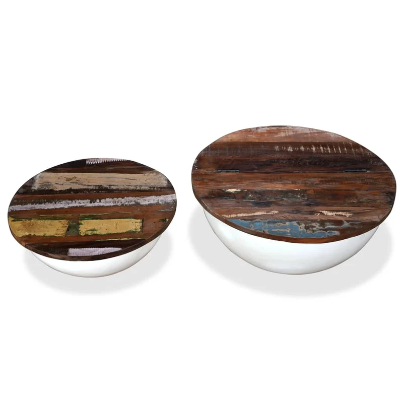 Lot de 2 table basse en bois récupération et acier en forme de bol avec compartiment de rangement DEC031242