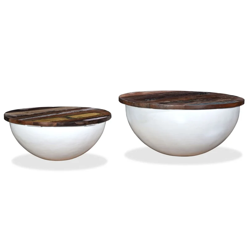 Lot de 2 table basse en bois récupération et acier en forme de bol avec compartiment de rangement DEC031242