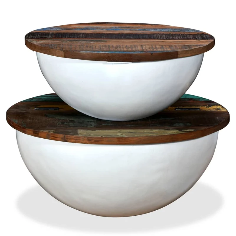 Lot de 2 table basse en bois récupération et acier en forme de bol avec compartiment de rangement DEC031242