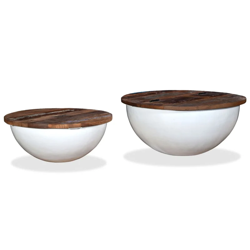 Lot de 2 table basse en bois récupération et acier en forme de bol avec compartiment de rangement DEC031242