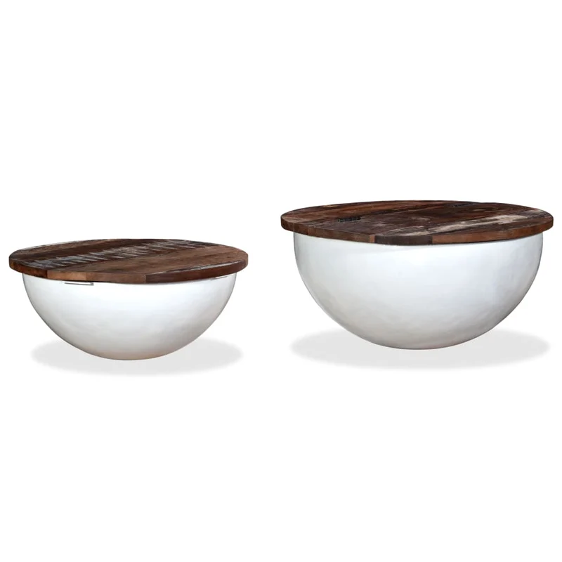 Lot de 2 table basse en bois récupération et acier en forme de bol avec compartiment de rangement DEC031242