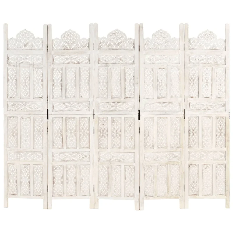 Paravent séparateur de pièce cloison 5 panneaux 200 x 165 cm bois manguier blanc DEC030940