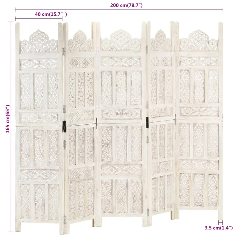 Paravent séparateur de pièce cloison 5 panneaux 200 x 165 cm bois manguier blanc DEC030940